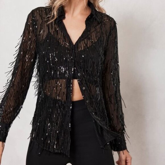 Zara Woman Black Shirt Top With Sequinned Fringing - Picture 1 of 4